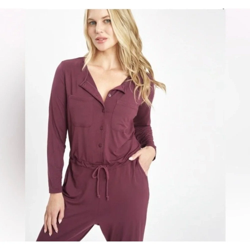 Lively Jumpsuit‎ Pajamas Sleepwear Burgundy Long Sleeve Drawstring Pockets L